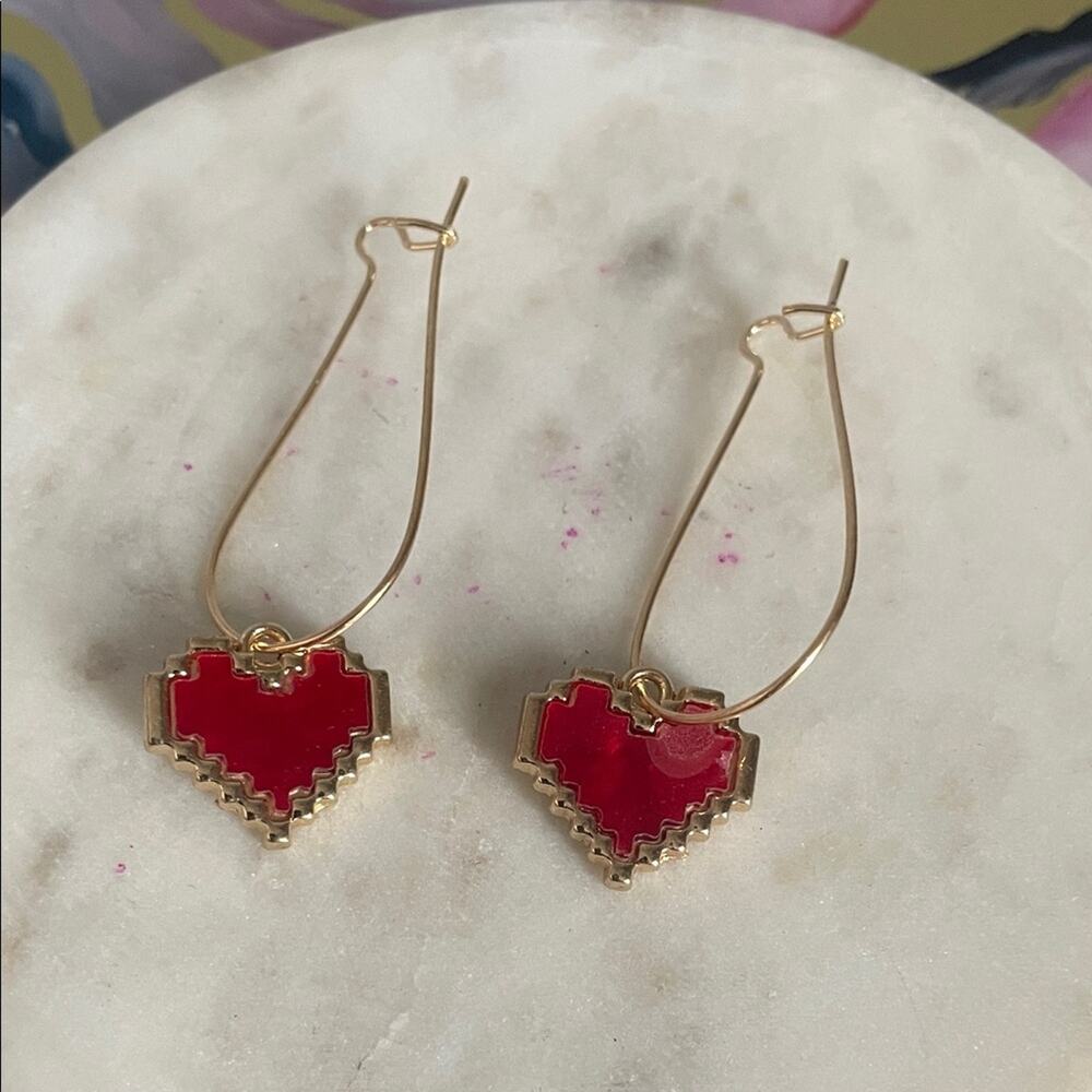 Gold Heart Earrings with Red Accents